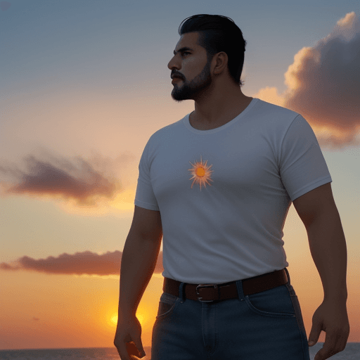 AI generated: A Hispanic man with superpowers watching the sunset with anger who he wants revenge against the sun ...