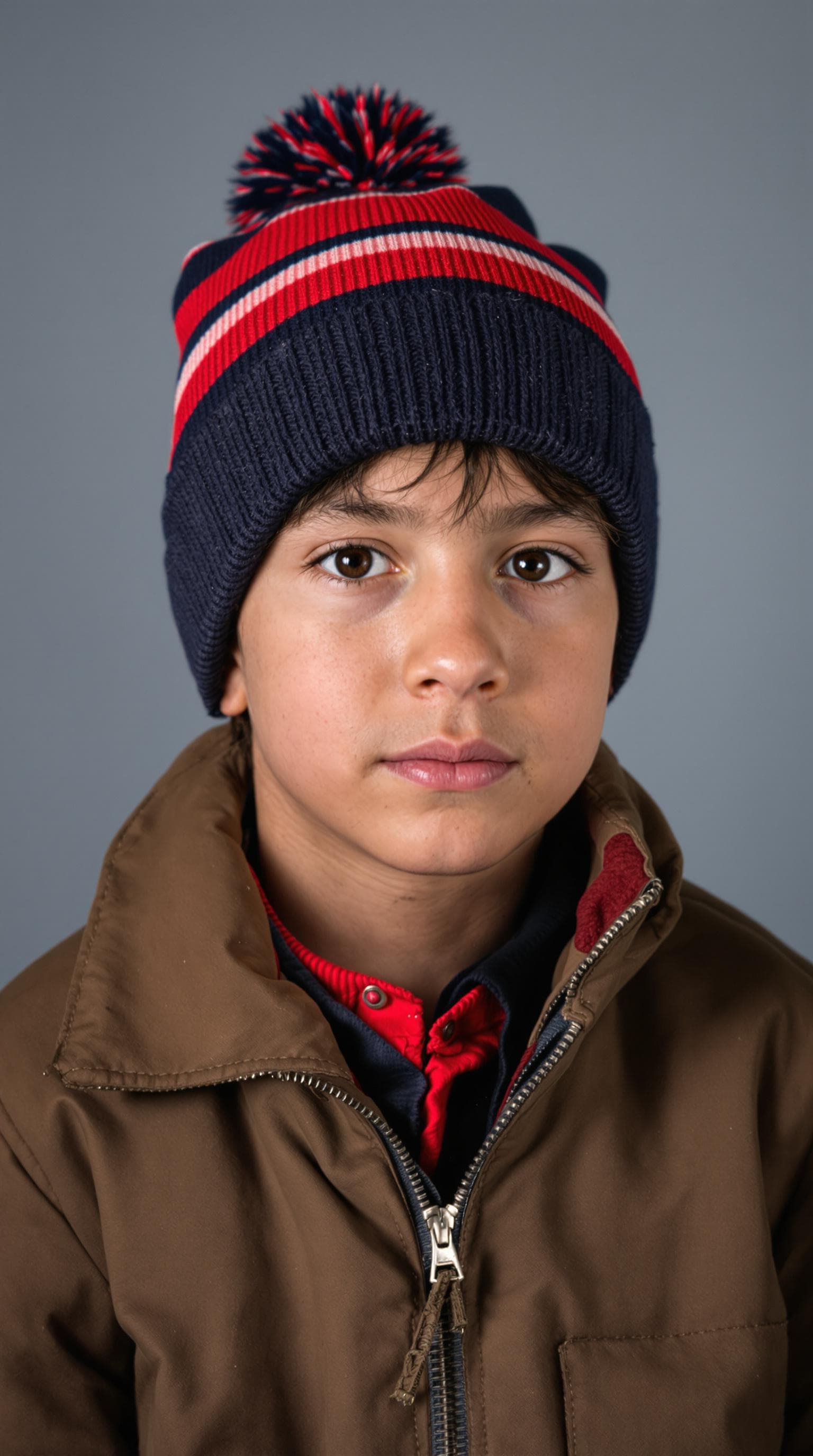 AI generated: A hyper-realistic portrait of a young boy; navy and red striped winter hat with pom-pom; brown jacke...