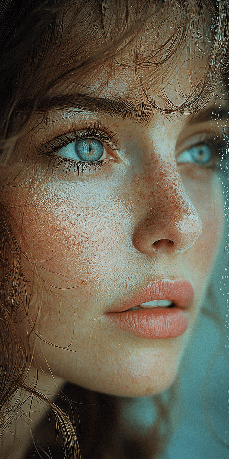 AI generated: Close-up portrait of a woman, her face lit by the soft glow from outside the window, her eyes reflec...