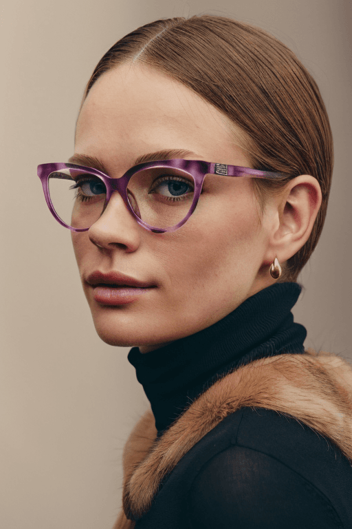 AI generated: (medium shot:1.3) photography, woman wearing purple eyeglasses, fur sweater, blond hair, short hair,...