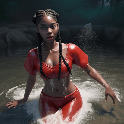 AI generated: fully clothed black girl with braids falls into water drowning as a red glow cast around her, hyper-...