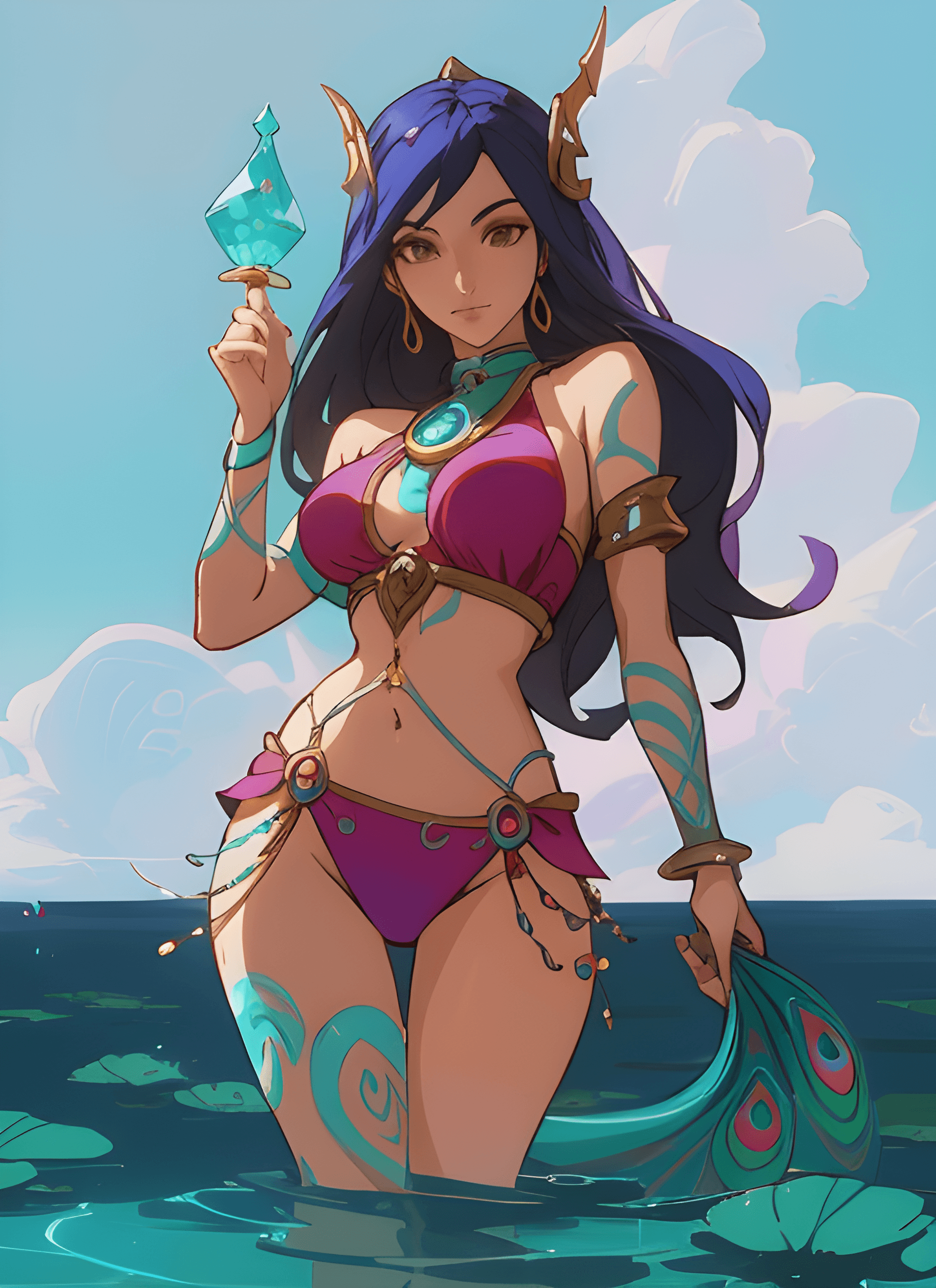 AI generated: a woman in a bikini is standing in the water, holding a pen, concept art, inspired by Asaf Hanuka, f...