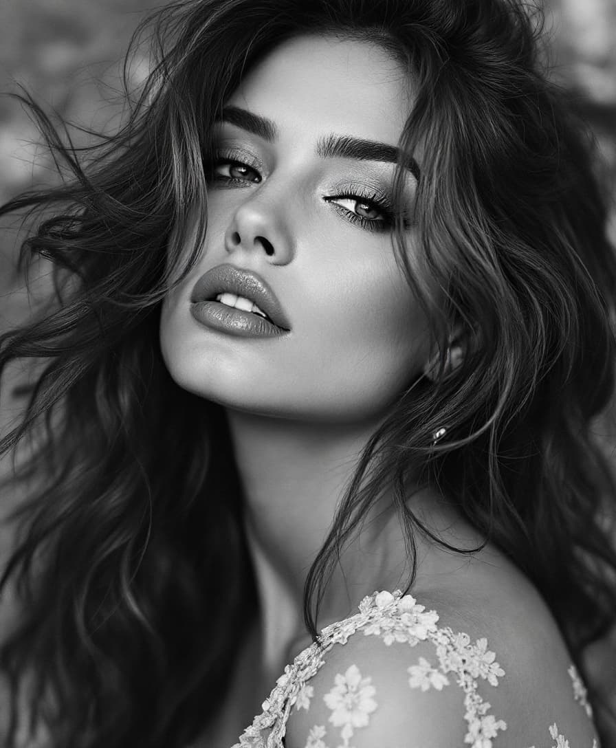 AI generated:  a stunning portrait of the woman, radiating love and elegance --chaos 5 --ar 9:16 --style raw --pro...