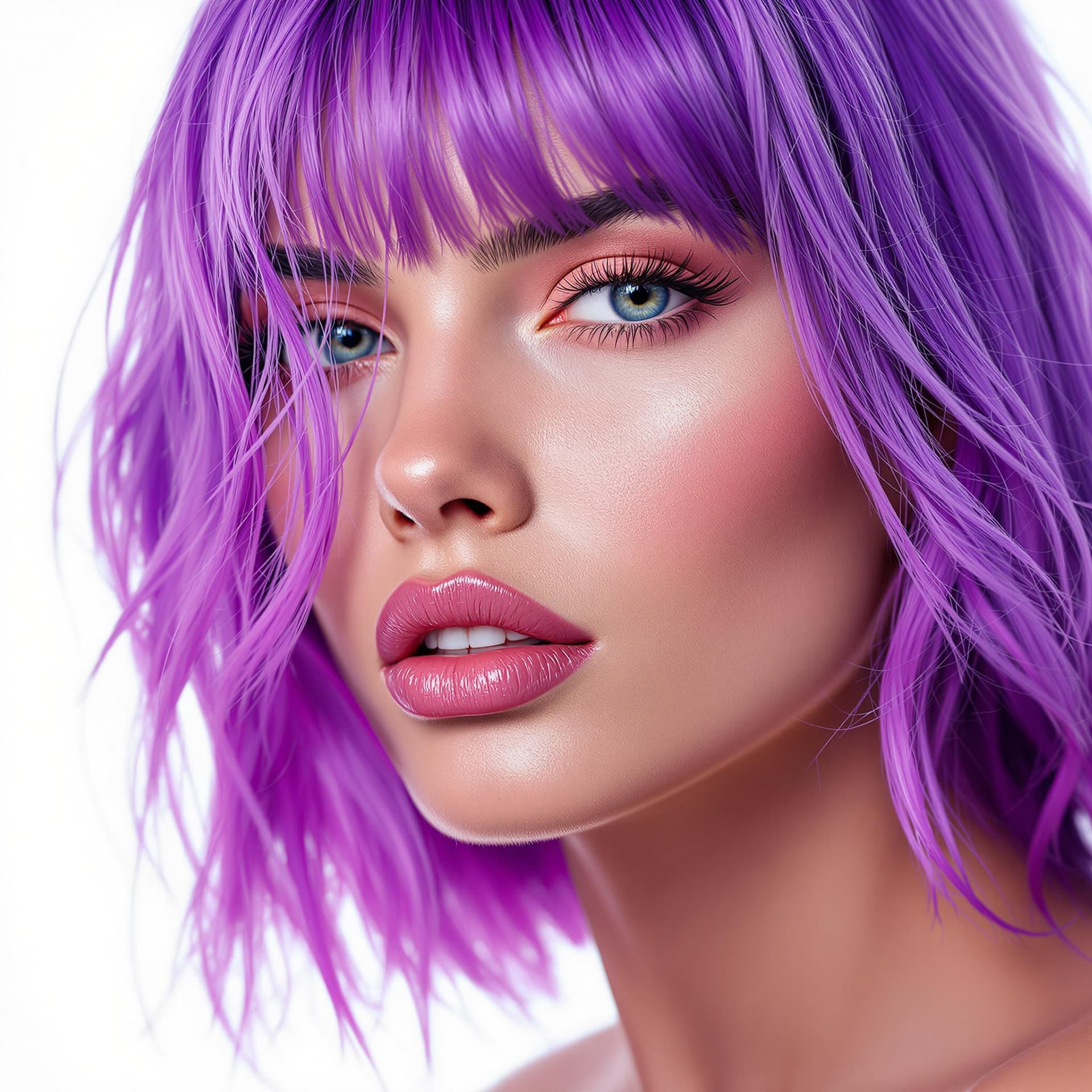 AI generated: A close-up portrait of a woman with vibrant purple hair, captured in ultra-realistic 8K resolution u...