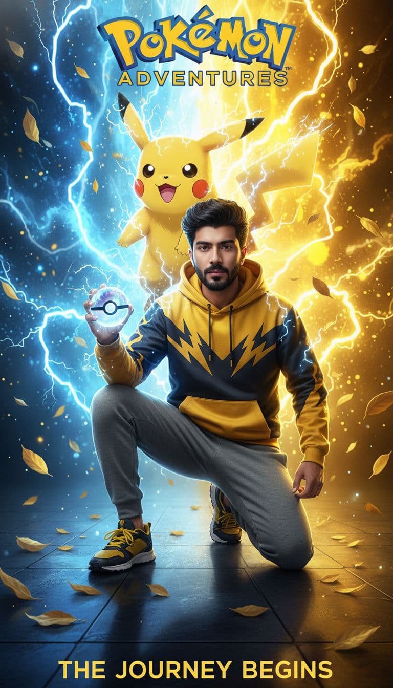 AI generated: A highly detailed fantasy poster of a young man posing heroically with Pikachu from Pokémon. The man...