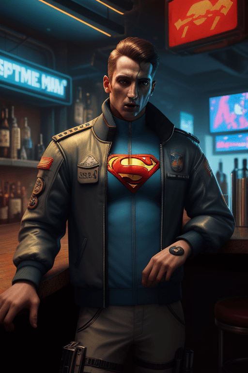 AI generated: A mouse is smoking in a bar, hyperrealistic futuristic soldier wearing cyberpunk superman jacket, , ...