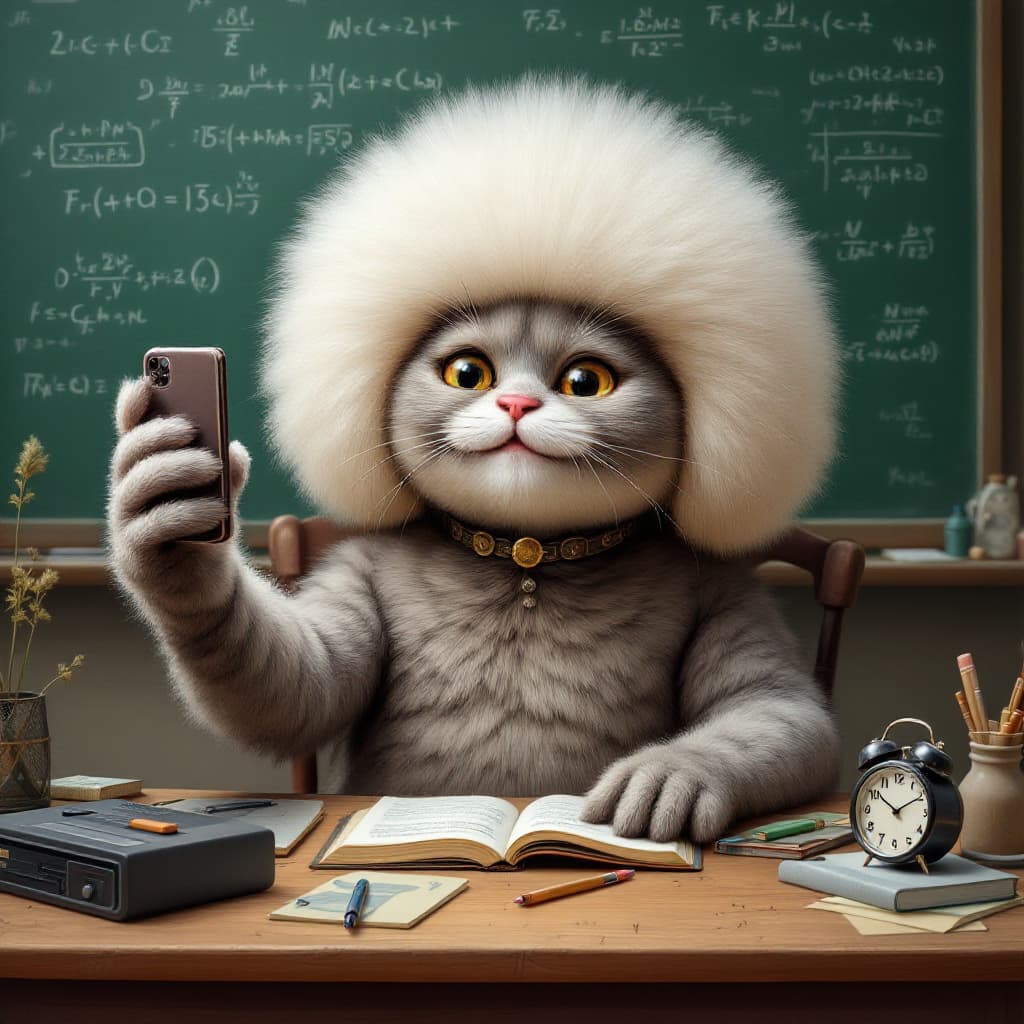 AI generated: An anthropomorphic gray British shorthair cat wearing a wild fluffy white wig and a dome-shaped bald...