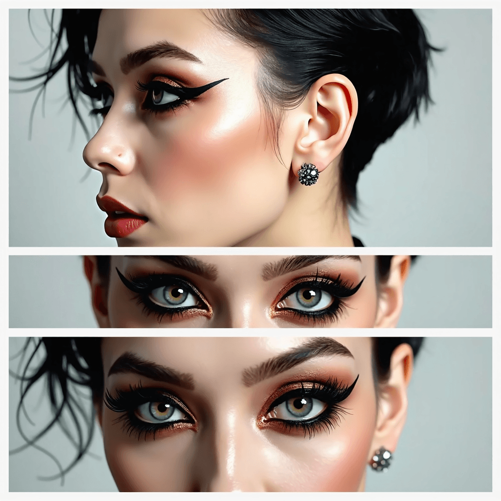 AI generated: Generate a composite image with three panels focusing on a person's face and dramatic eye makeup. To...