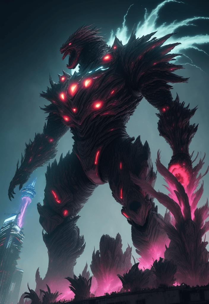 AI generated: high ground angle shot, skyscrappers on low ground, a angry screaming King Kong Godzilla, futuristic...