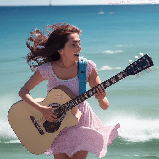 AI generated: Mujer volando sobre una guitarra en el mar
