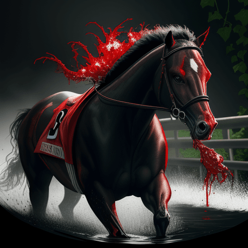 AI generated: 
Kentucky Derby Racing Horse, Black Veins, Dripping Oil, Predatory Plants, Ivy, Gloomy, Red Splashes...