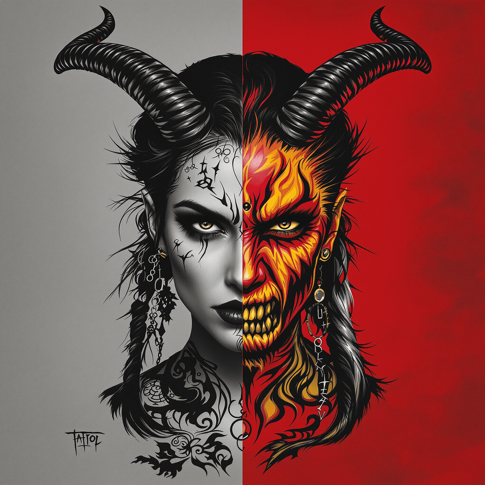 AI generated: A portrait of a woman with horns, split into two contrasting halves. One side is grayscale with intr...