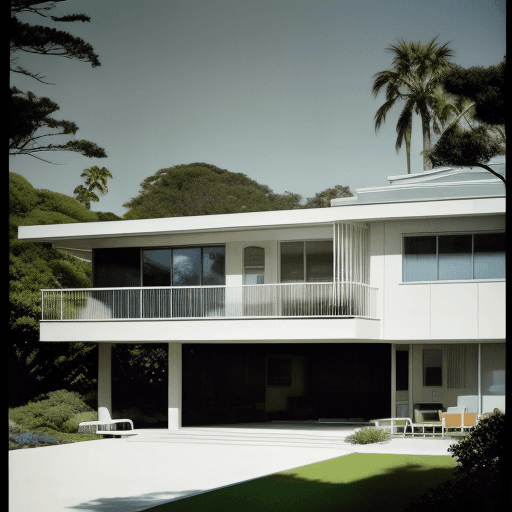 AI generated: Hyper realistic eye level exterior photo of a mid century modern style house overlooking the ocean, ...