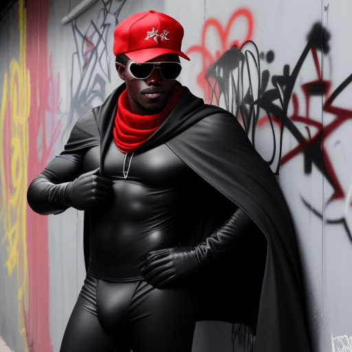 AI generated: a black man wear a cape, cowl, gloves, briefs, and boots are usually black blue with the body of the...