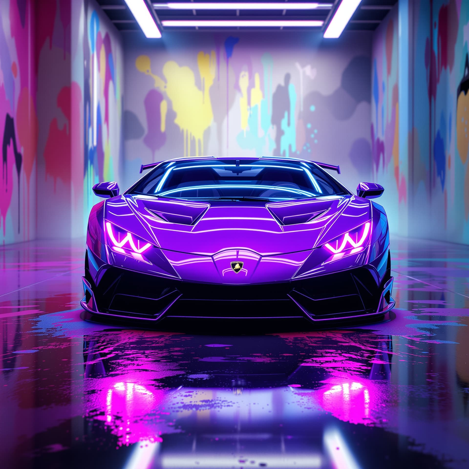 AI generated: front view of a super glossy shiny  hypercar lamborghini with a really big spoiler on the back and b...