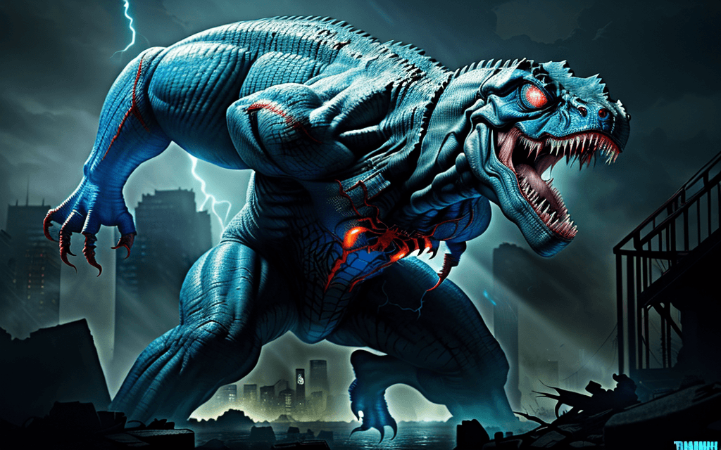 AI generated: a ferocious, huge tyrannosaur, sharp teeth, tough, rough skin, glowing eyes, blue bioluminescence, s...