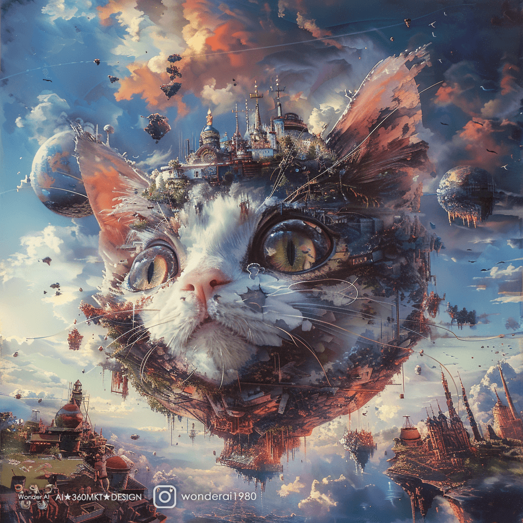 AI generated: a broken cute cat head with different landscapes around it, in the style of de.tailed skies, photore...