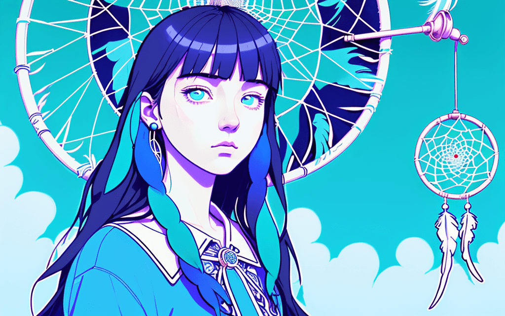 AI generated: Dream Catcher, in the style of crisp neo-pop illustrations, sky-blue, nightcore, trompe-l'œil illusi...