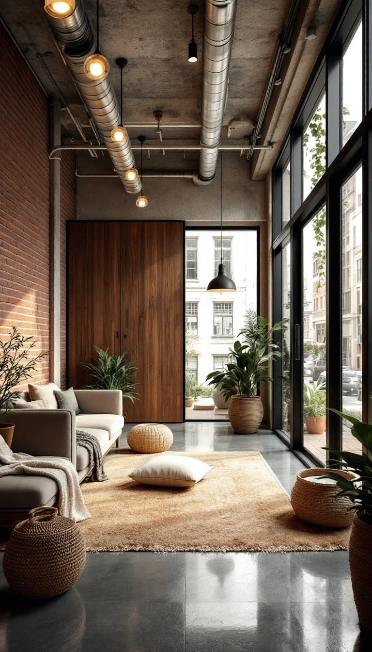 AI generated:  Cozy apartment building, brick and concrete fa\u00e7ade, wooden accents, industrial chic interiors,...