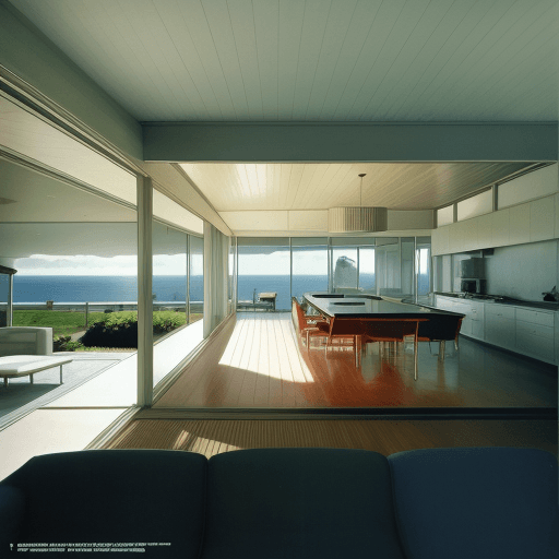 AI generated: Hyper realistic eye level exterior photo of a mid century modern style house overlooking the ocean, ...