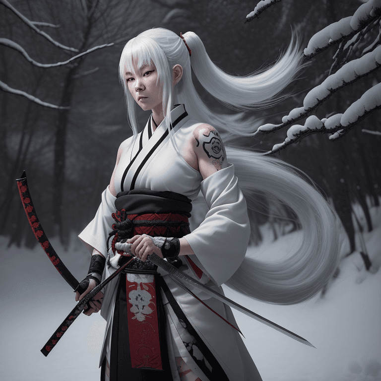AI generated: In Japan, Akane, a samurai with her beautiful snow-white hair mysteriously tattooed, is called upon ...