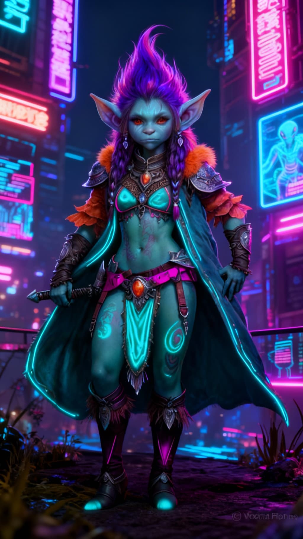 AI generated: Blend anthropomorphic to create a new anthropomorphic, alien hybrid. Give a futuristic Nightlife bac...