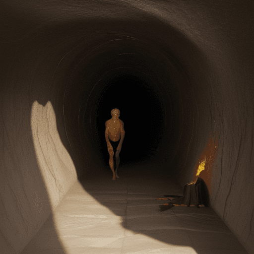 AI generated: detailed oil painting of the allegory of the cave by plato, figue shadows on the wall, fire behind t...
