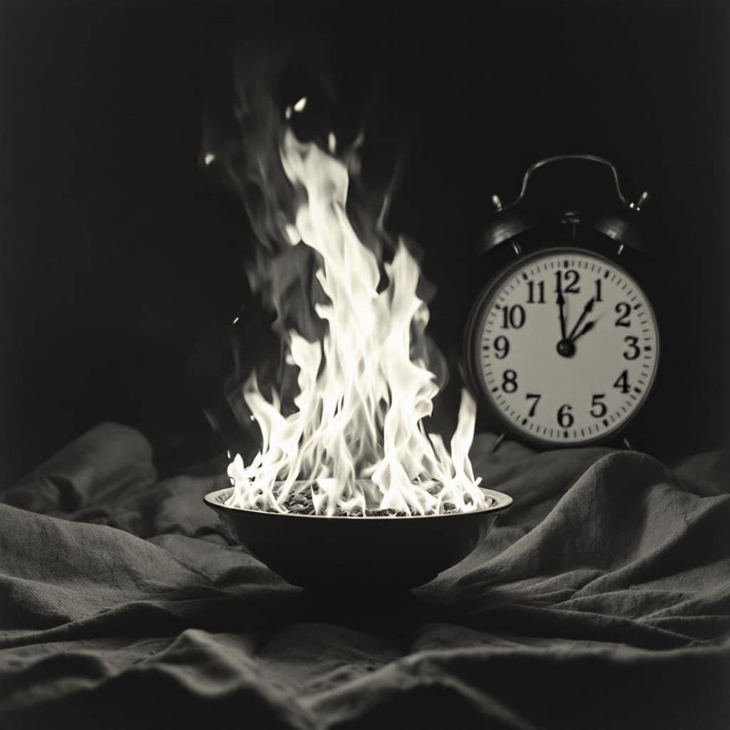 AI generated: the burning of the midnight lamp, at home 1968. a clock in the background shows 12 o`clock.