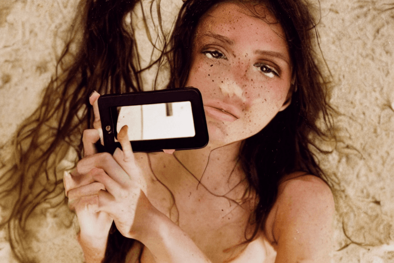 AI generated: hyperrealistic photo, beautiful girl model in beachwear, photo on iphone 14 in mirror, long dark hai...