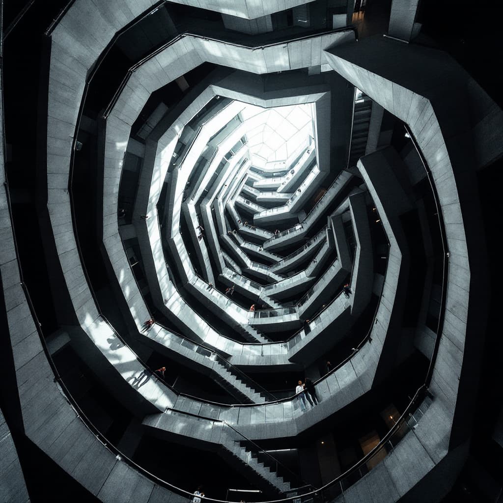 AI generated: geometry and architecture, vertical, photography, looking up through a multi-story spiral staircase,...