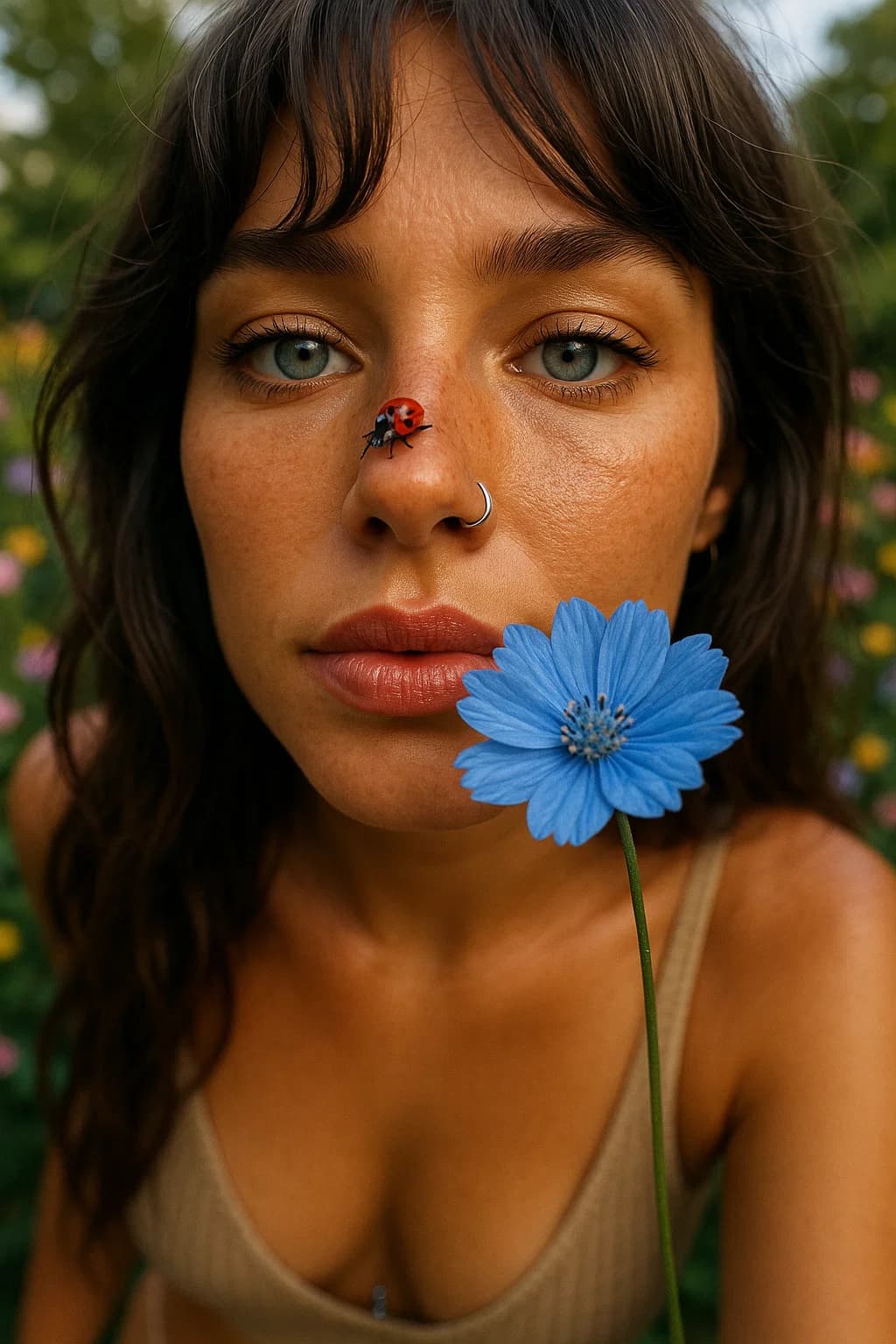 AI generated: An extreme, eye-level close-up frames Sahara leaning a few centimeters toward a single blue flower w...