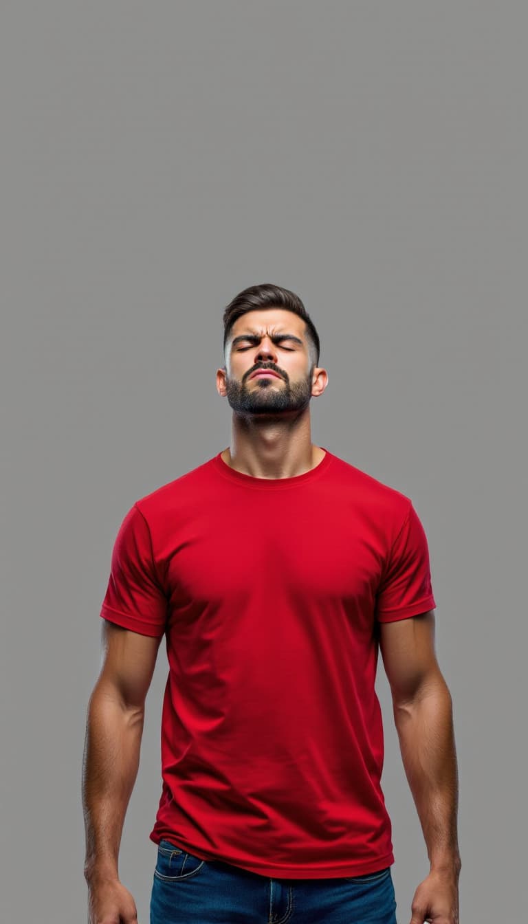 AI generated: Full body photograph of a furious, handsome, caucasian man, eyes closed, short burst-taper dark hair...