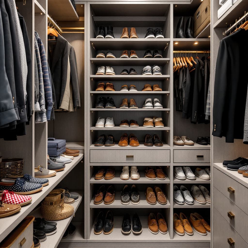 AI generated: A custom closet with shoe shelves, filled with Sperry boat shoes, size 11, organized neatly, high de...