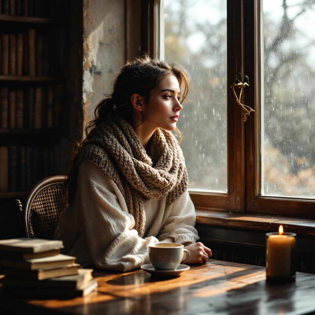 AI generated: Sip Serenity in a Cozy Library
"A contemplative woman sitting by a grand arched window in a vintage ...