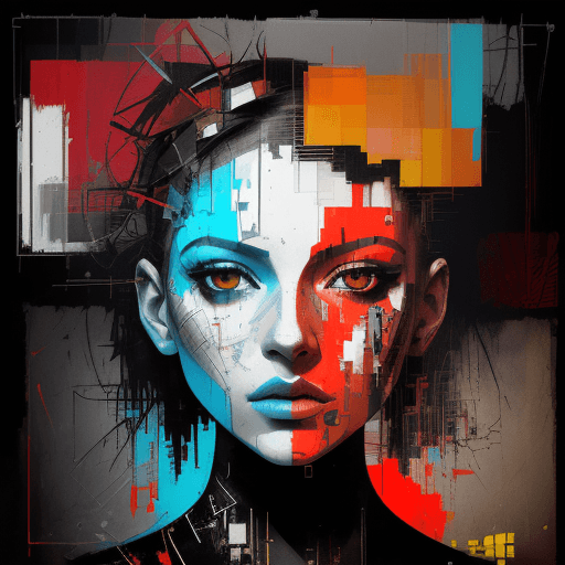 AI generated: female face, geometric abstract portrait, bright vibrant colorful, gritty, cybernetics, digital ui, ...