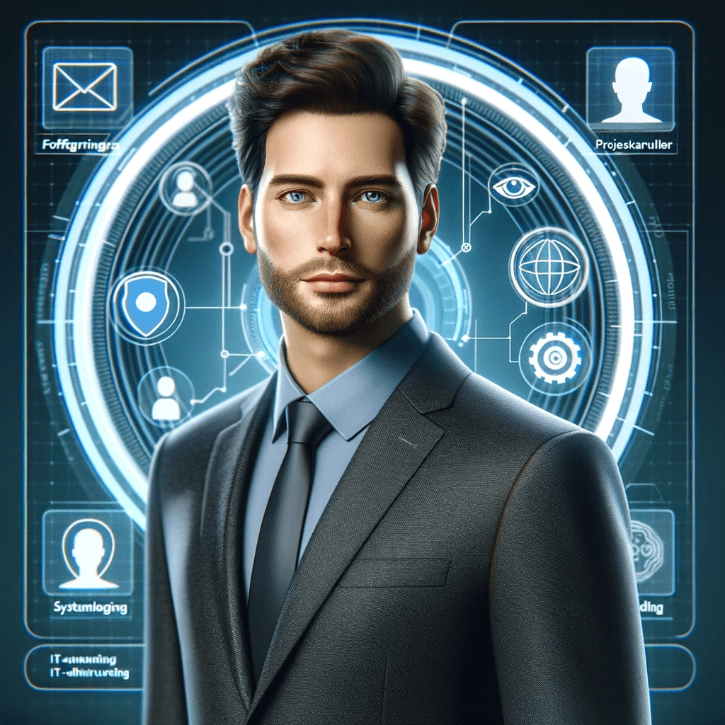 AI generated: Create a gaming image of a professional and modern IT environment with a man resembling an AI-genera...