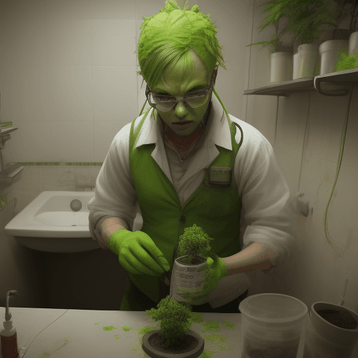 AI generated: a crazy radioactive chemist making marijuana flowers in a small bathroom full of marijuana plants