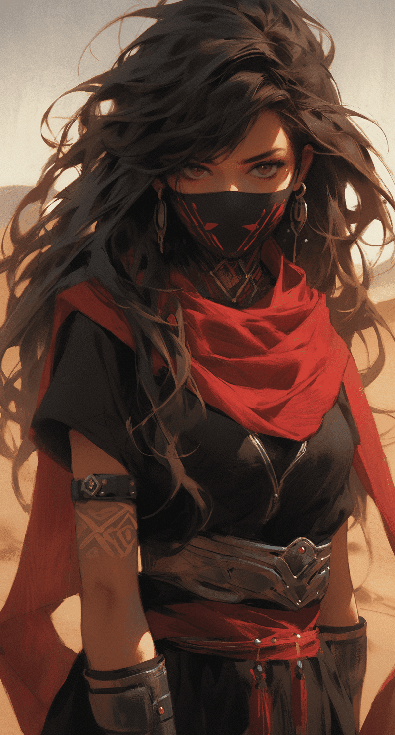 AI generated: a woman in a black and red dress in the desert, in the style of post-apocalyptic backdrops, light si...