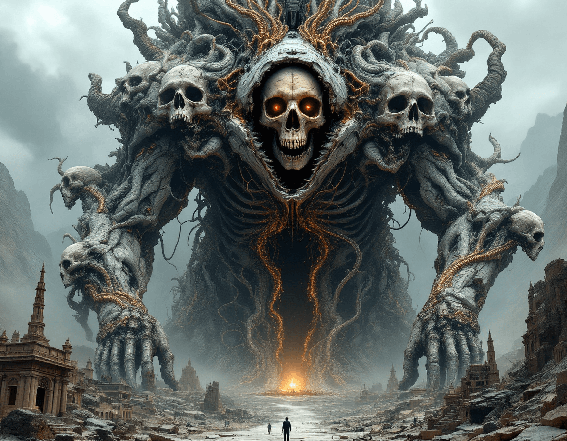 AI generated: A surreal, ultra-high-resolution image of a towering biomechanical colossus frozen mid-transformatio...