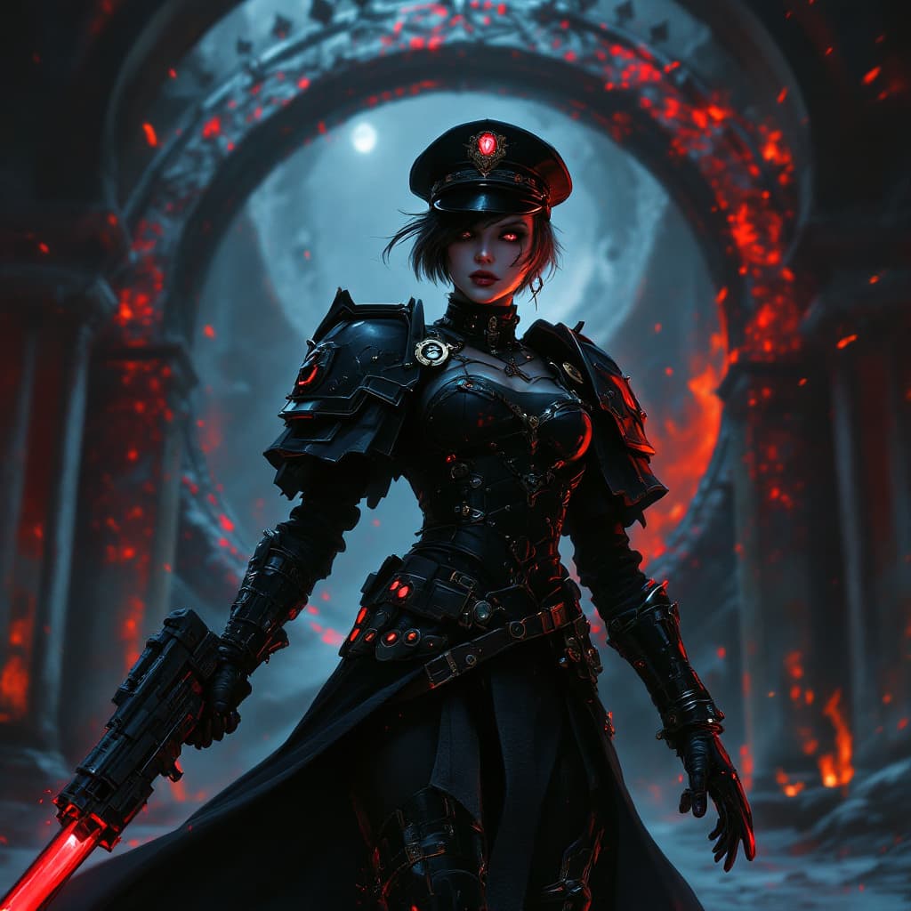 AI generated: artwork in the grimdark style of warhammer 40k of a female comissar, standing infront a gothic circh...