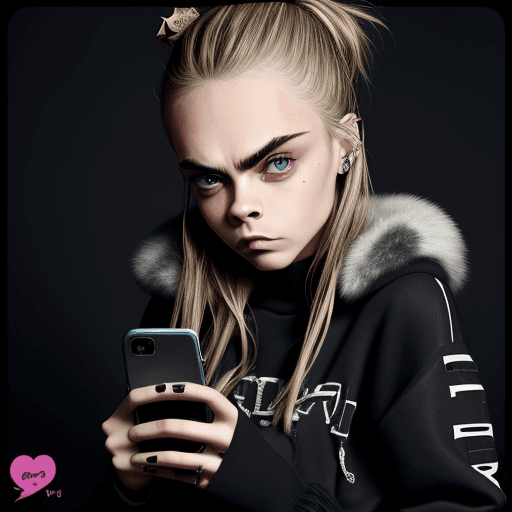 AI generated: cara delevingne is very sad looking his phone 