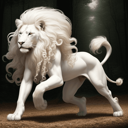 AI generated: white lion, long curly hair, calligraphy woman, performance art, freedom, fury, forest