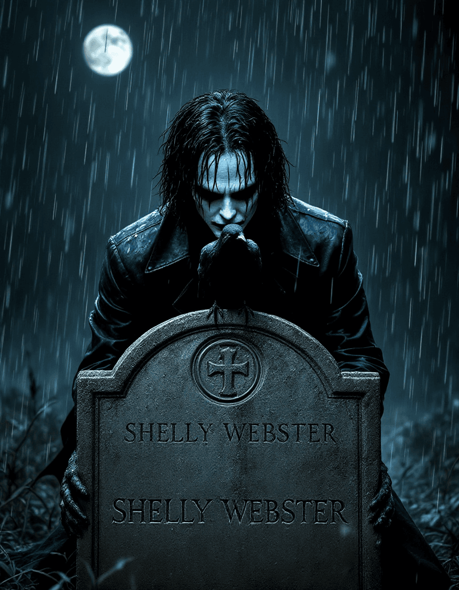 AI generated: A Brandon Lee–inspired figure as Eric Draven from The Crow, kneeling in anguished silence before the...