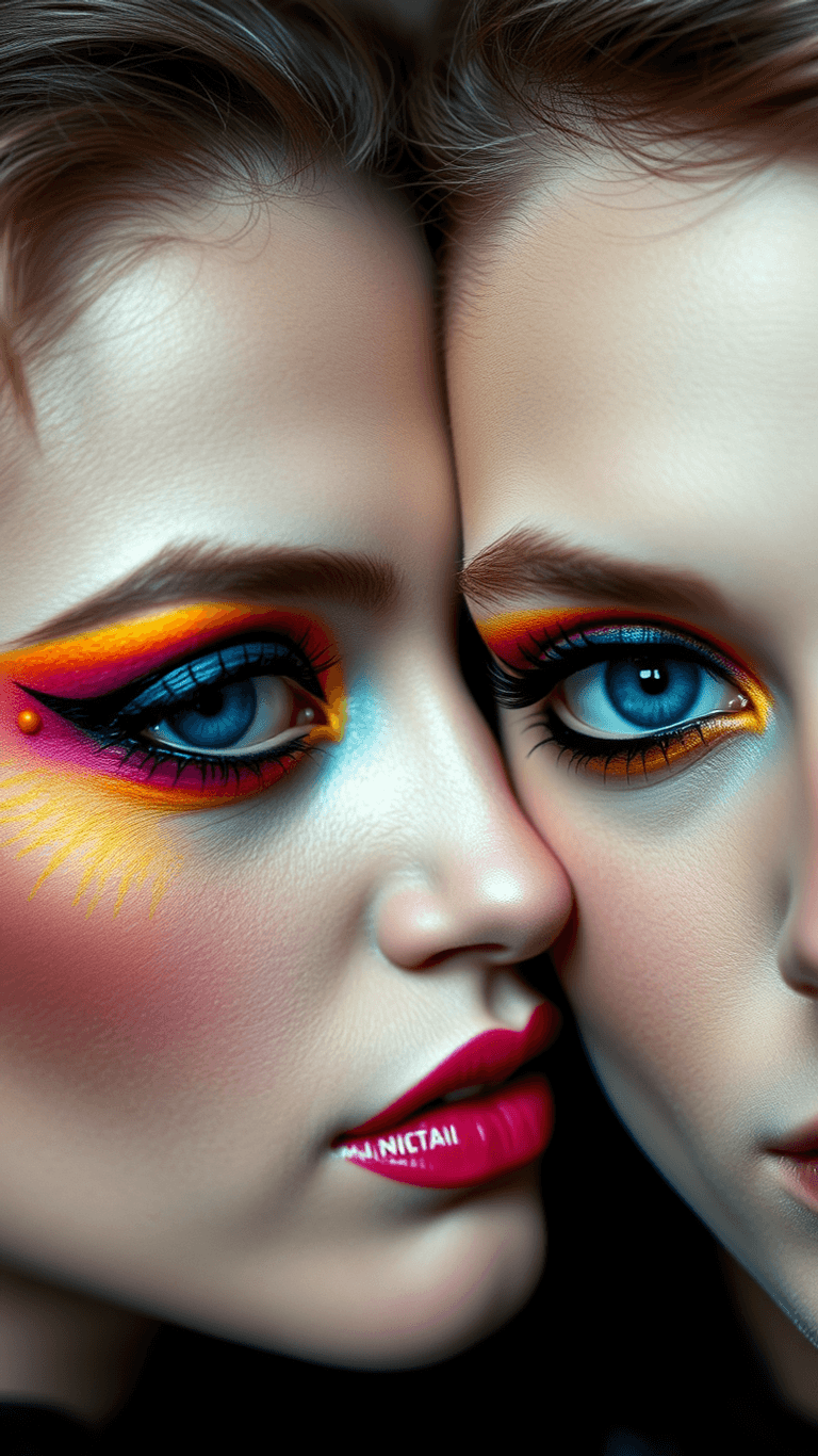 AI generated: Photo of a pair of stunning blue eyes with artsy dramatic vibrantly colorful eye makeup and eyeliner...