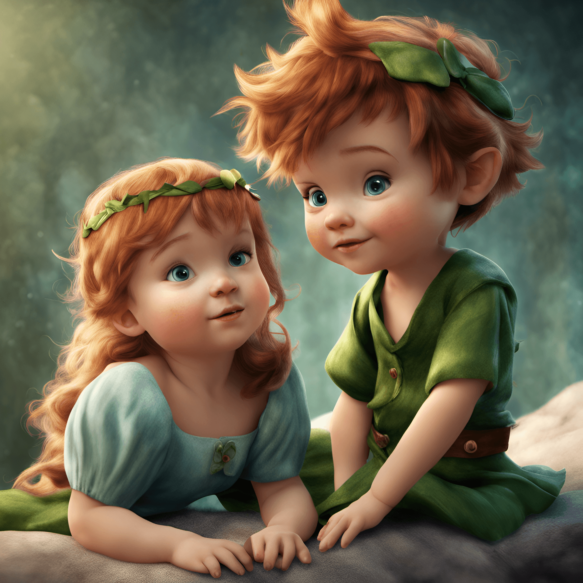 AI generated: Photorealistic image of baby peter pan and wendy, sharp images, ultra hd, best friends, tulum inspir...