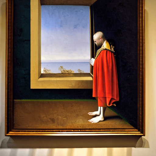 AI generated: in this startling masterpiece painting by Jan van Eyck in 8K a man has an orchid for a body as he st...