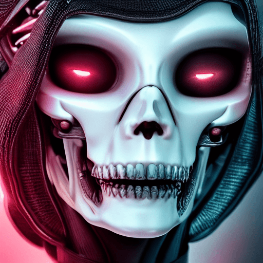 AI generated: ultra detailed of a porcelan reaper skull android face, cyborg, robotic parts, 150 mm, beautiful stu...