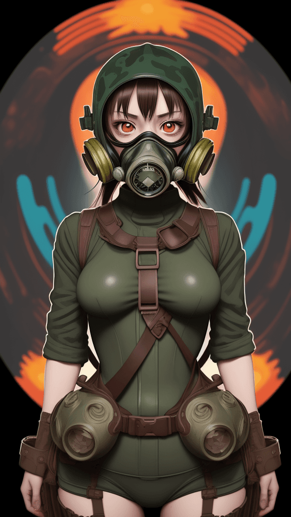 AI generated: complex background portrait of little 
exposed woman. Wearing a gas mask. Prominent eyes, complex ba...