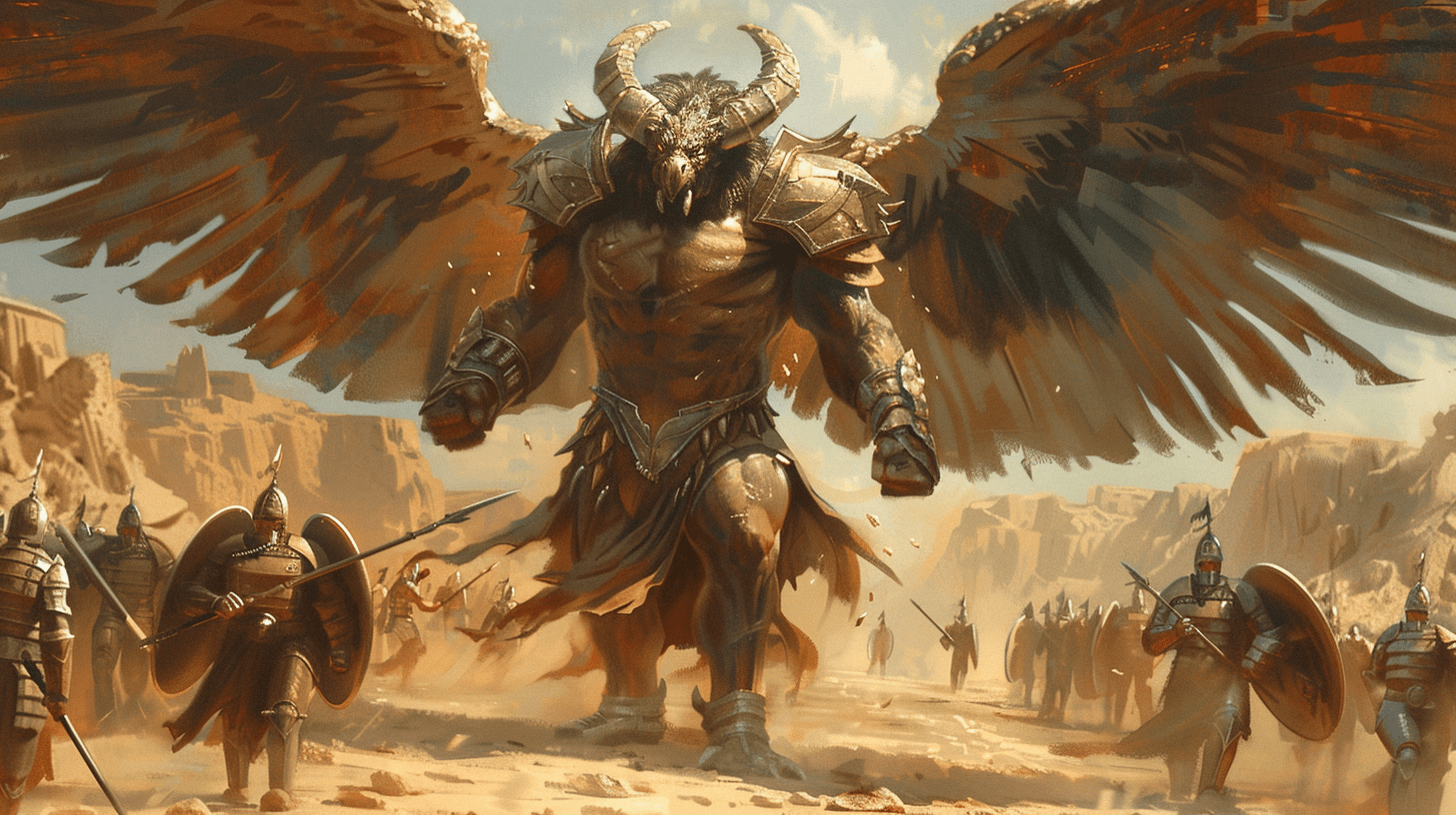 AI generated: A fantasy painting of an extremely muscular and powerful humanoid monster with large wings; he is su...