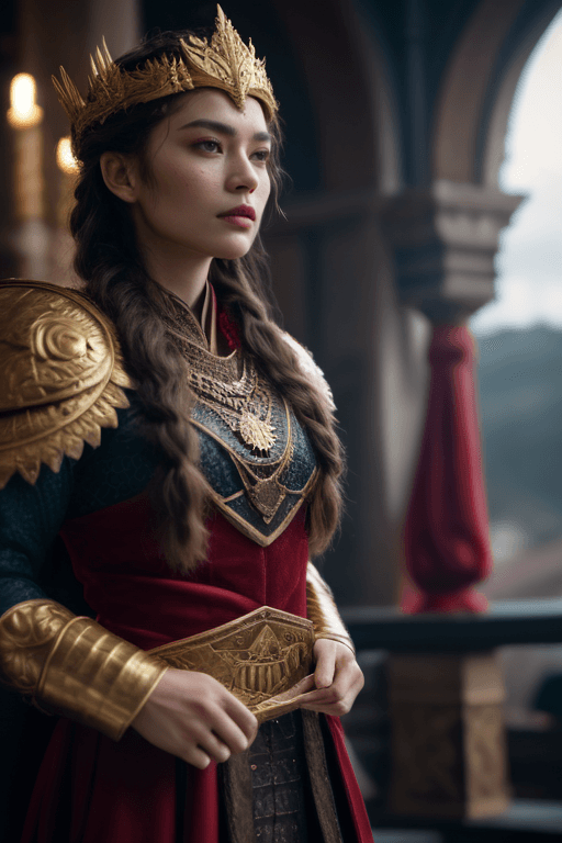 AI generated: 3/4 shot, film still of, a warrior queen, confident, intricately detailed outfit, cinematic 4k epic ...